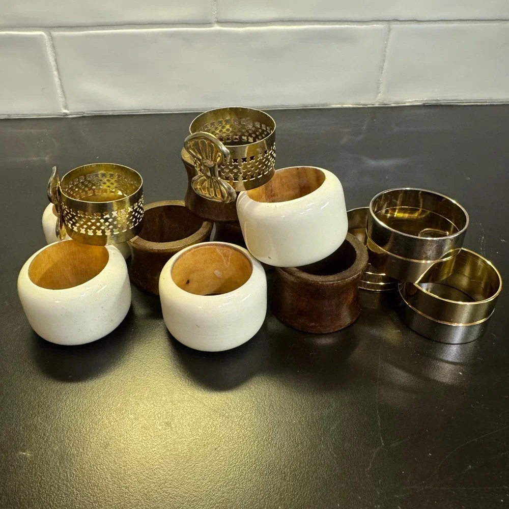 Mixed Napkin Rings Set Home 13pc White Brown Gold Silver Wood Ceramic Metal Bows